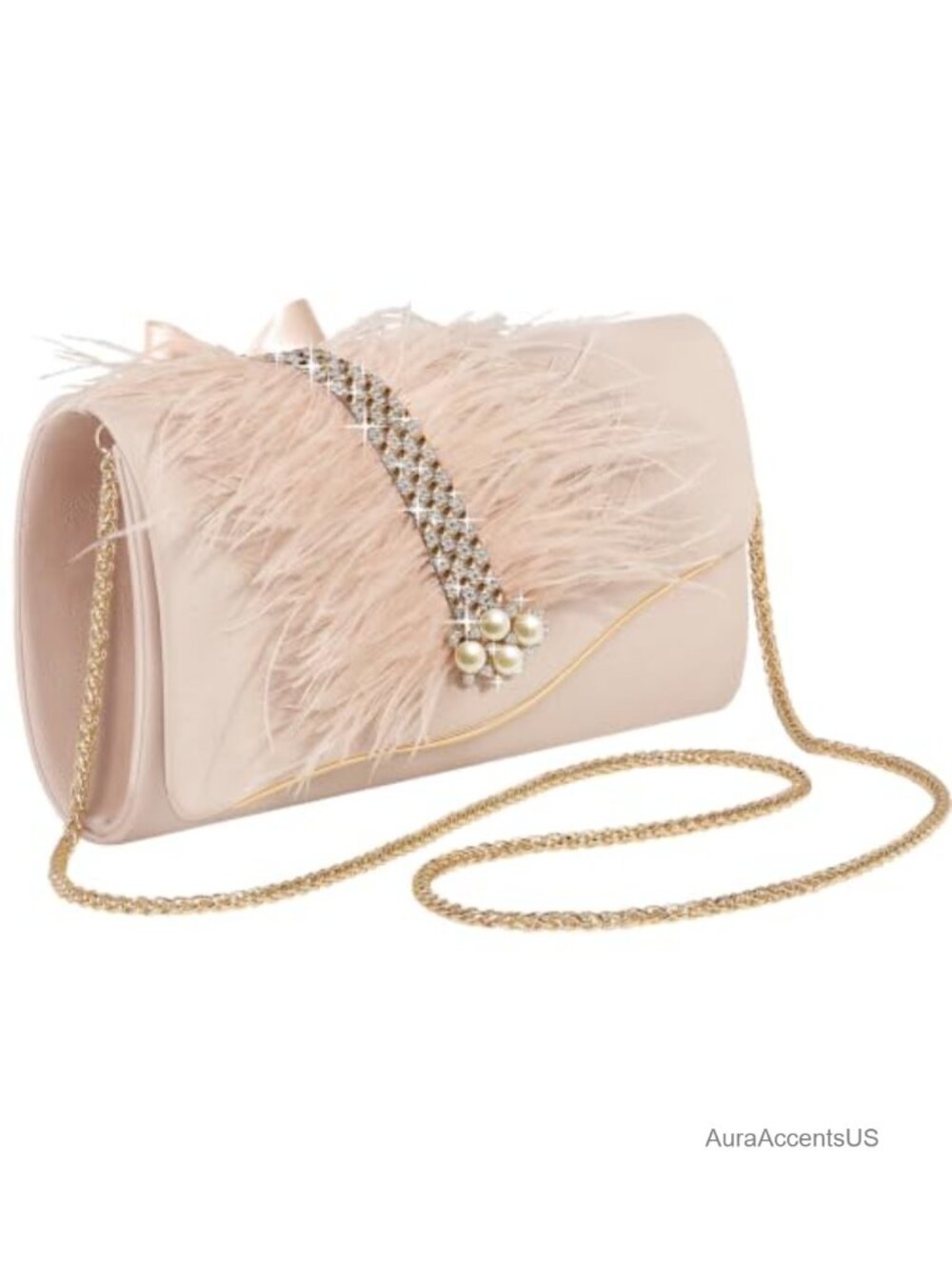Faux Suede Envelope Clutch with Faux Feather Rhinestone Pearl Gold Crossbody